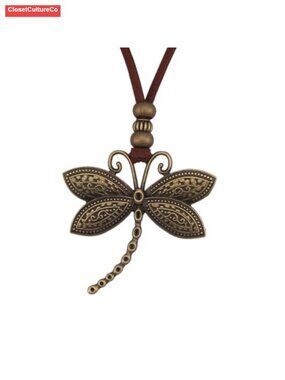 Faux Leather Cord Necklace Dragonfly Pendant Toggle Clasp Boho Long Choker